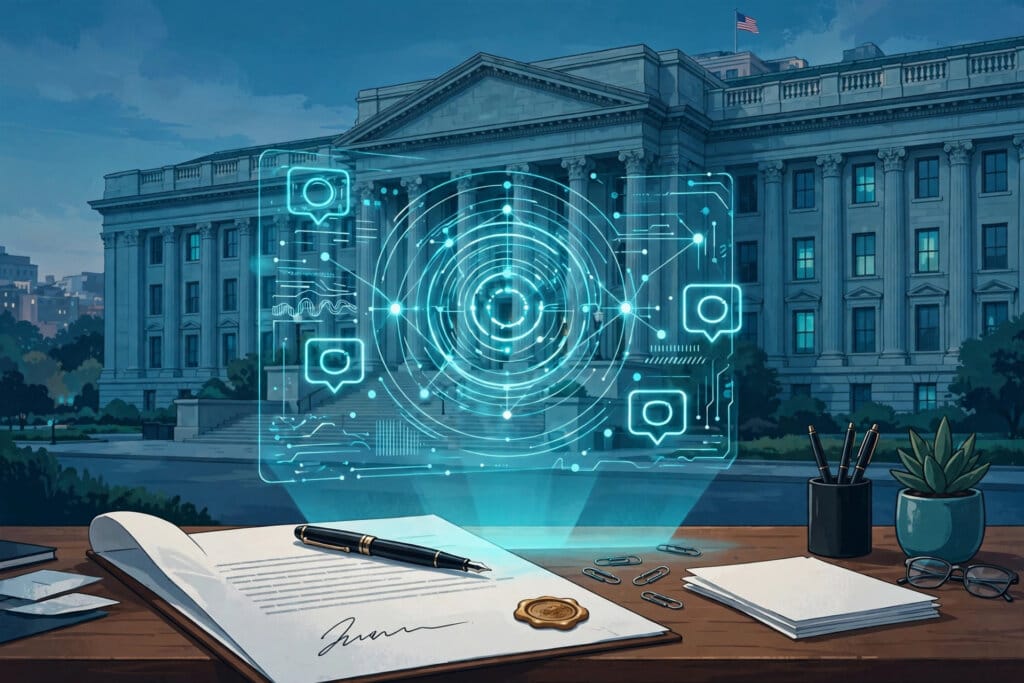 US health department building with a glowing Claude AI interface, for the HHS sole-source Anthropic continuity award