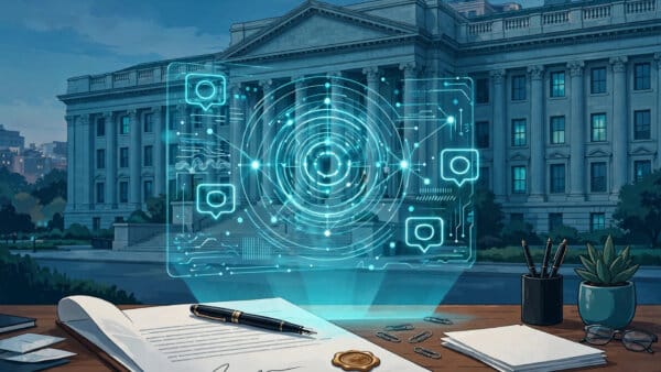 US health department building with a glowing Claude AI interface, for the HHS sole-source Anthropic continuity award