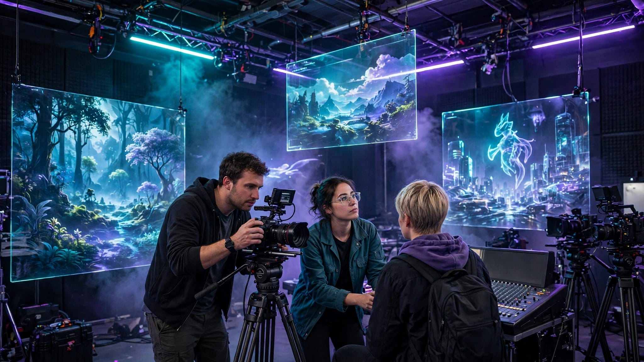 A creative team filming while AI-generated holographic scenes glow on screens, illustrating Higgsfield AI video platform