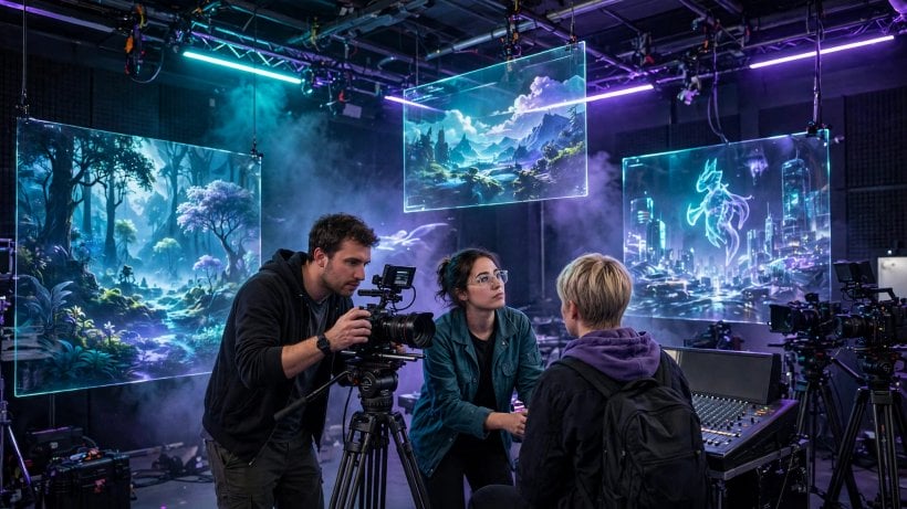 A creative team filming while AI-generated holographic scenes glow on screens, illustrating Higgsfield AI video platform