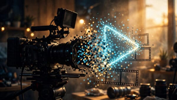 A cinema camera merging with a glowing play button, illustrating AI video startup Higgsfield investment from NVIDIA and TCV
