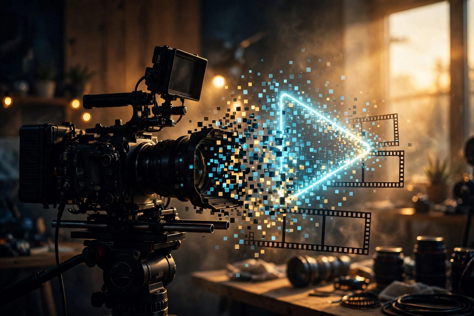 A cinema camera merging with a glowing play button, illustrating AI video startup Higgsfield investment from NVIDIA and TCV