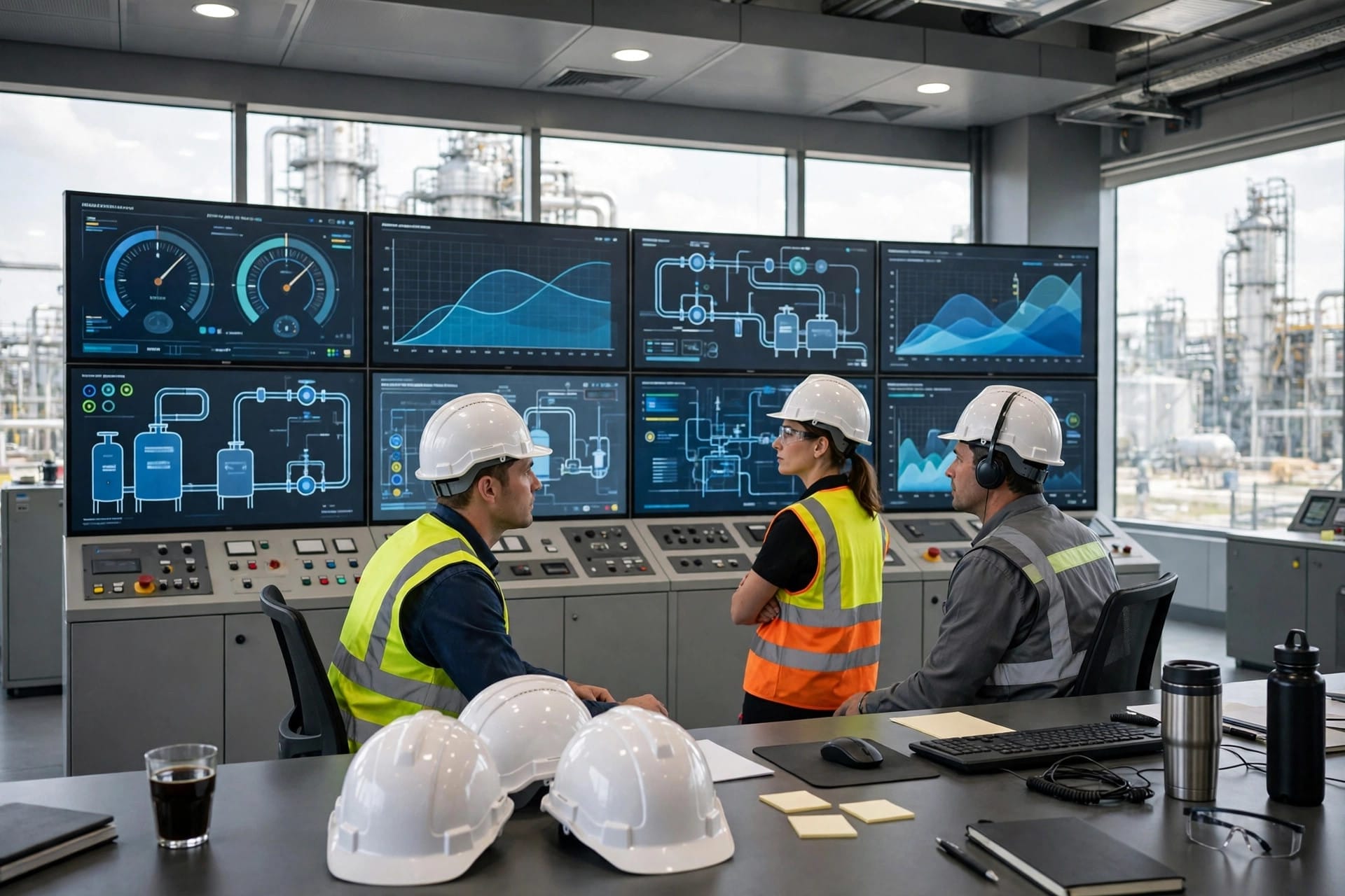 Engineers in a bright industrial control room monitoring plant operations on large screens