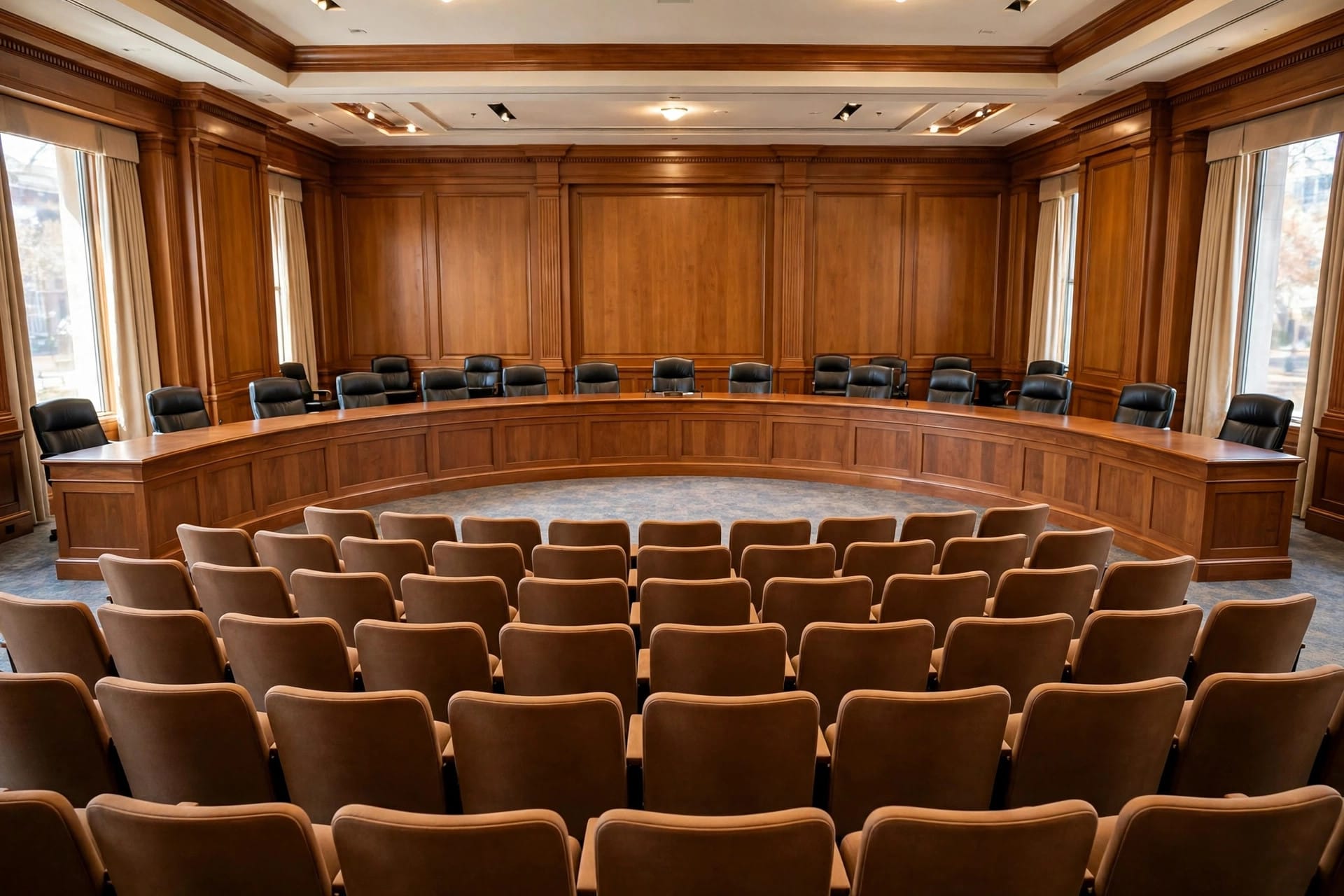 An empty committee hearing room with a curved desk