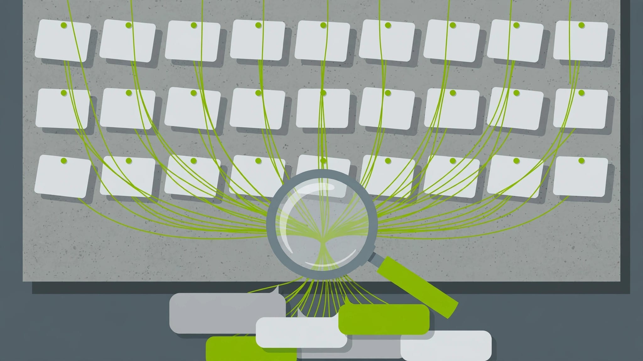 Illustration of a board of prompt cards feeding a magnifying glass over chat bubbles, representing how brands sample AI answers