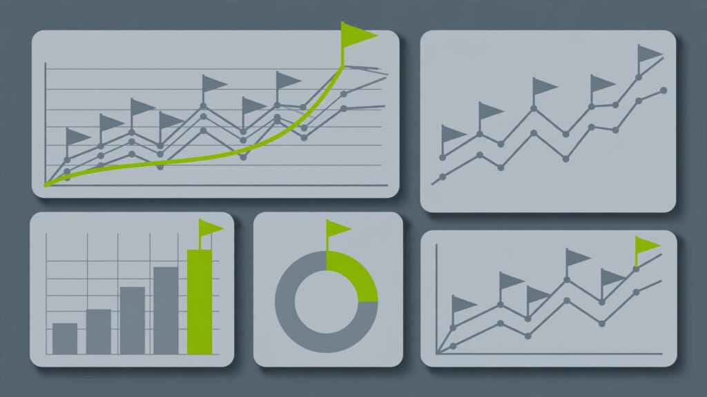 Illustration of a visibility dashboard with rising lines and one green flag above rivals, representing brand tracking inside AI answers