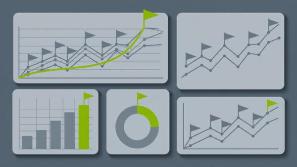 Illustration of a visibility dashboard with rising lines and one green flag above rivals, representing brand tracking inside AI answers