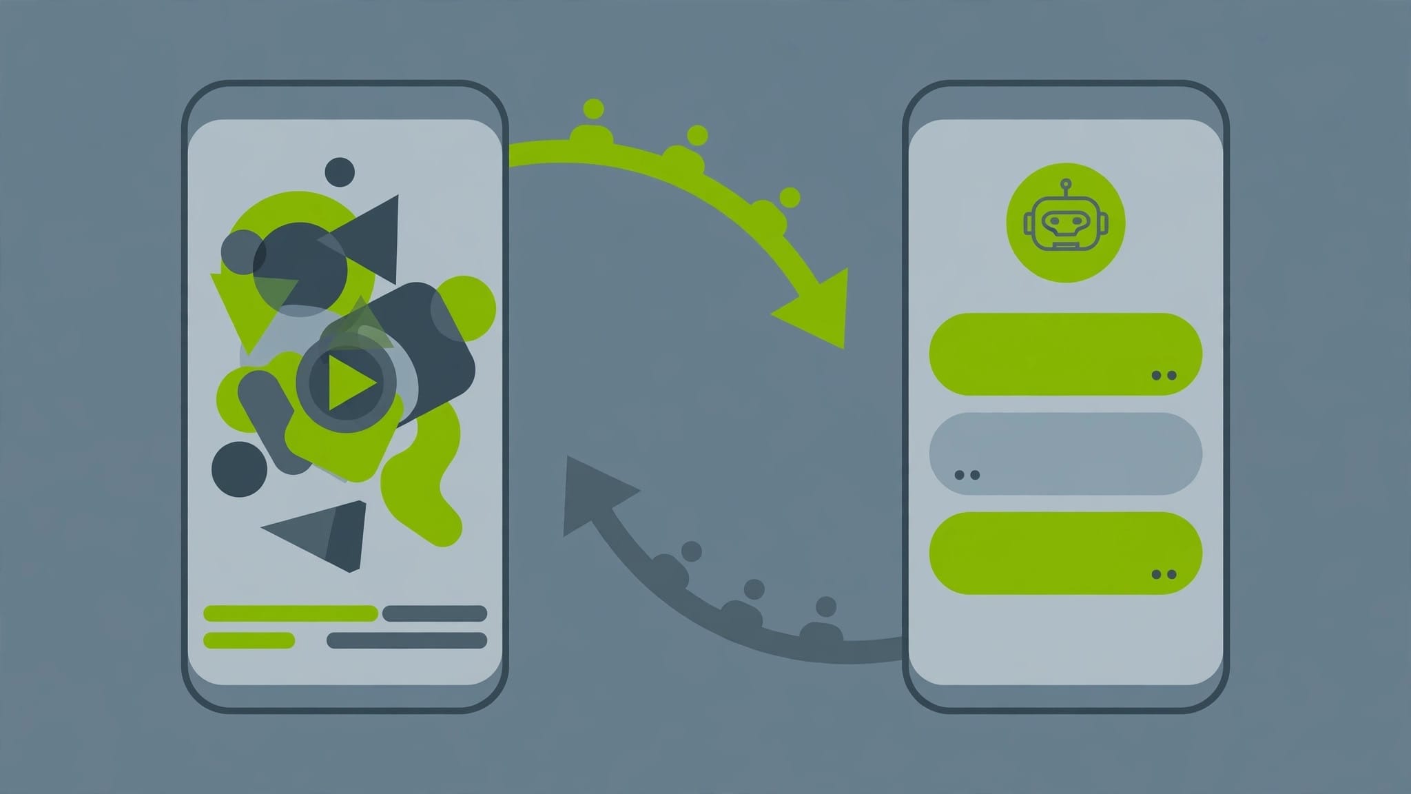 Doubao growth illustrated as users flowing between a short-video app and a chat assistant on two phones