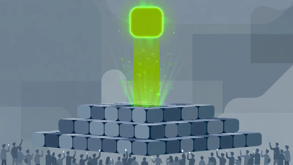 Doubao rising above rival apps illustrated as one app tile lifted high on a column of green light
