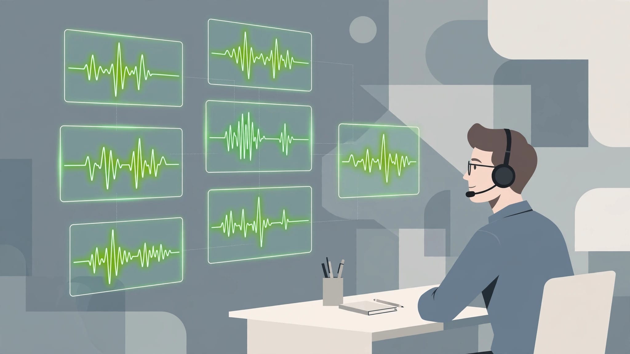 Illustration of a support specialist overseeing glowing voice waveforms, representing ElevenLabs AI voice agents handling calls