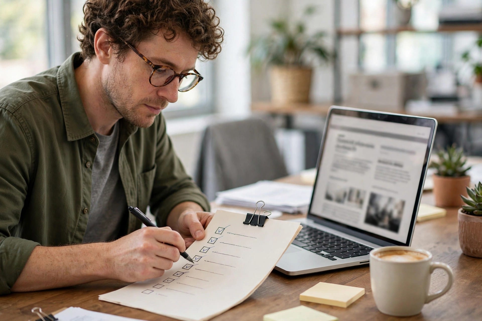 A publisher ticking off a checklist beside a laptop.