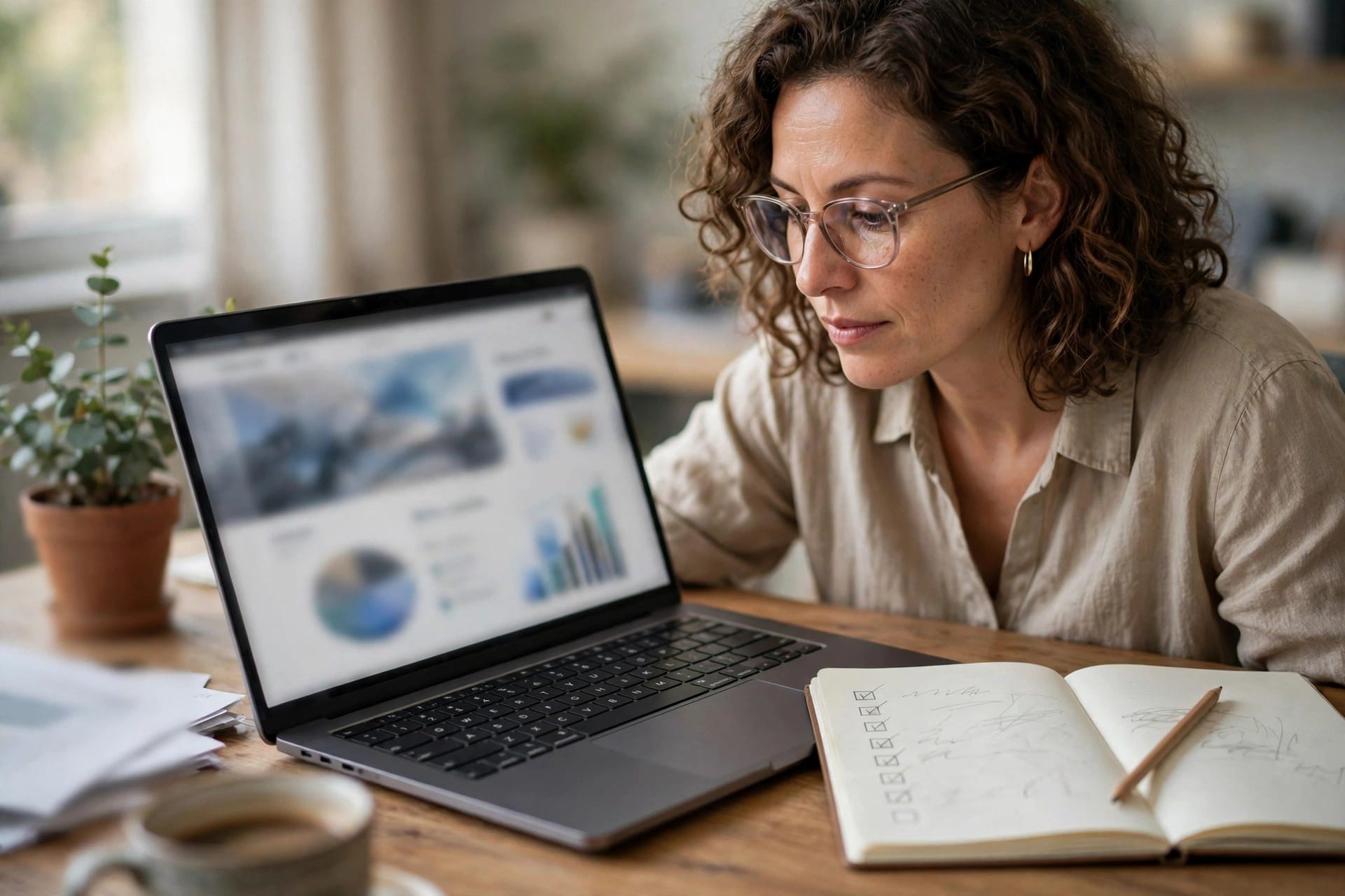 A publisher reviewing a website against a checklist on a laptop.
