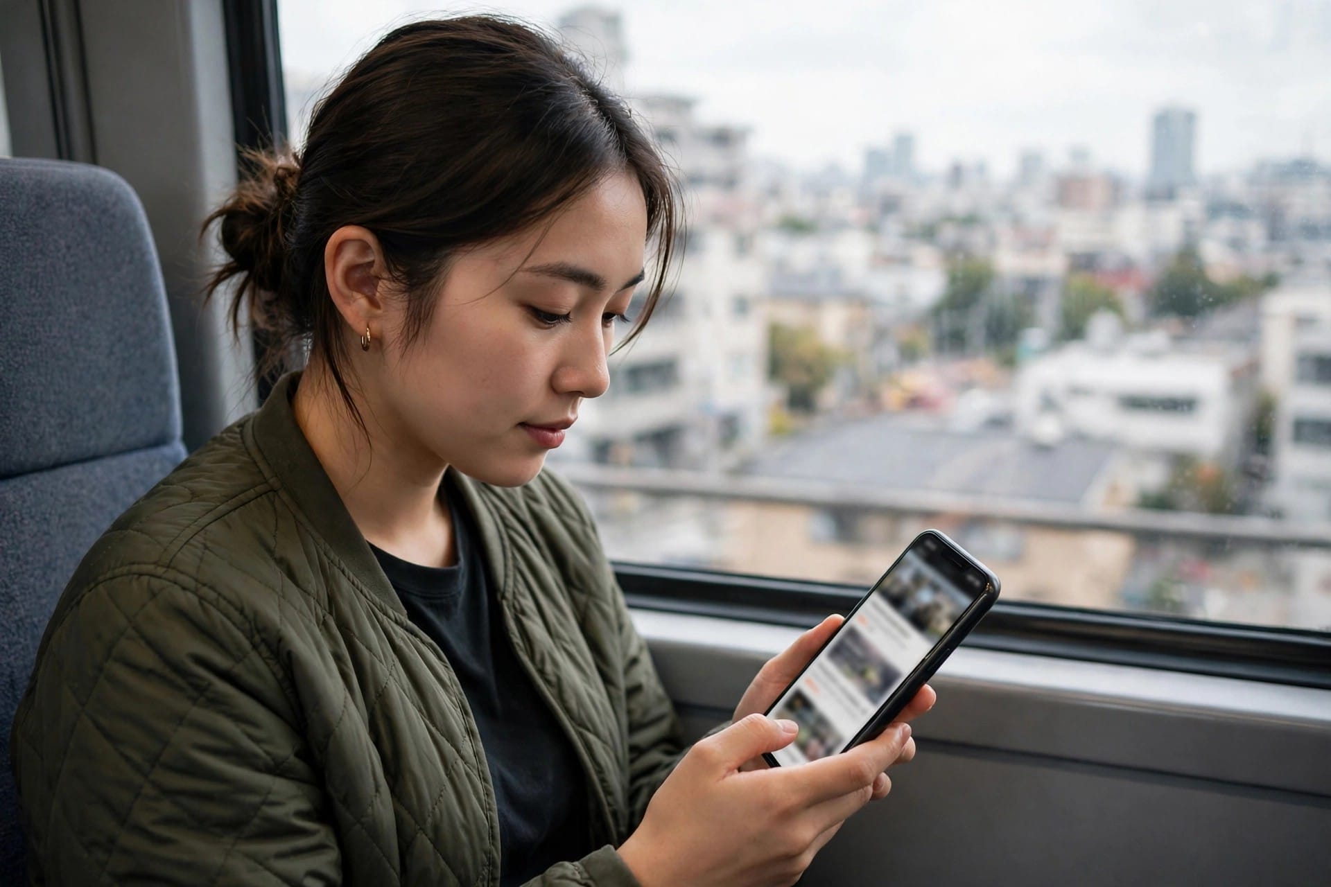 A commuter scrolling a personalised article feed on a train.