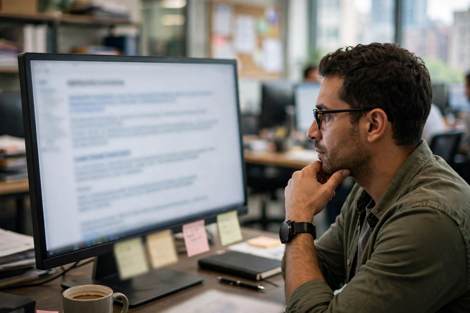 An editor reviewing headline options on a large monitor.