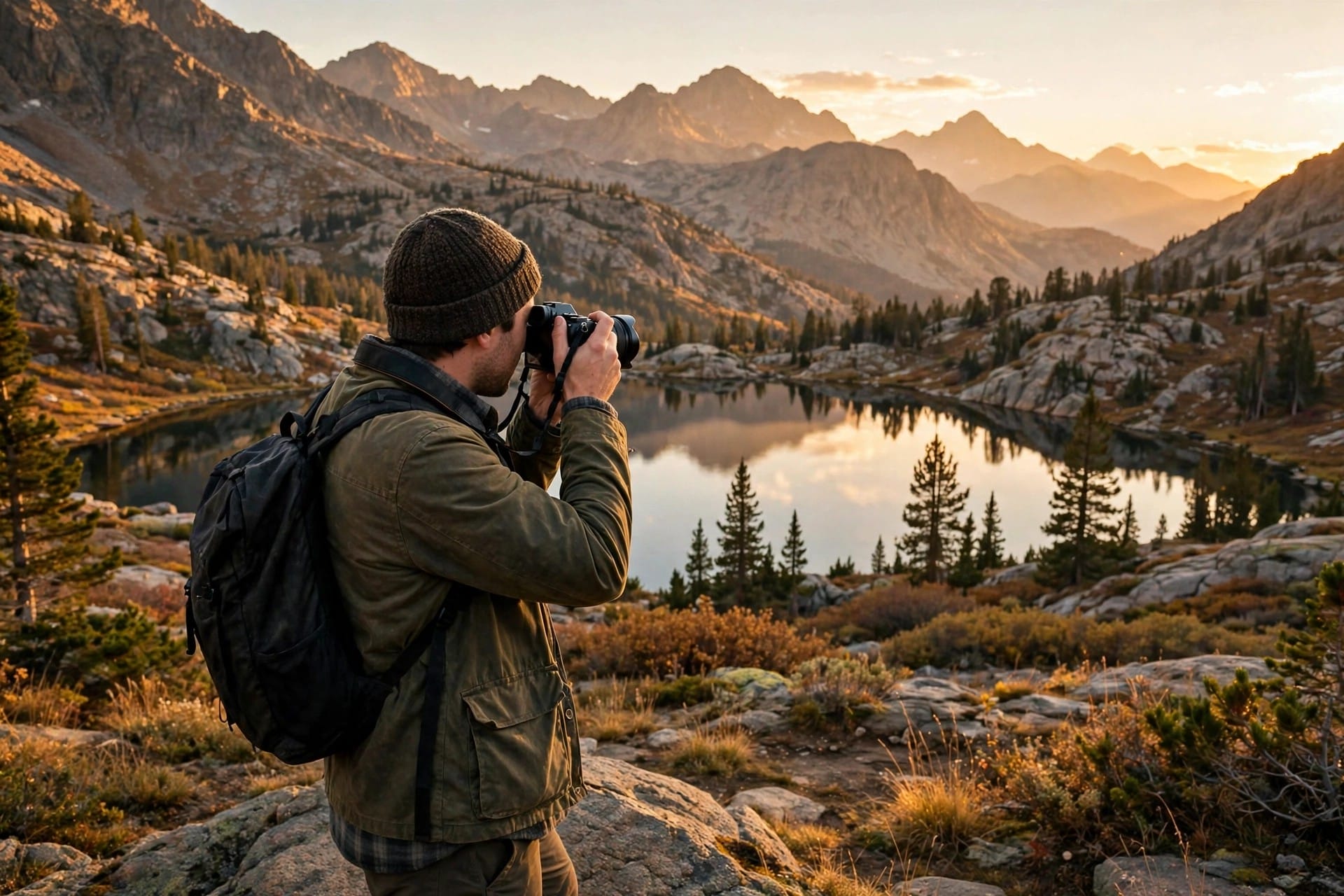 A photographer capturing a wide landscape at golden hour.