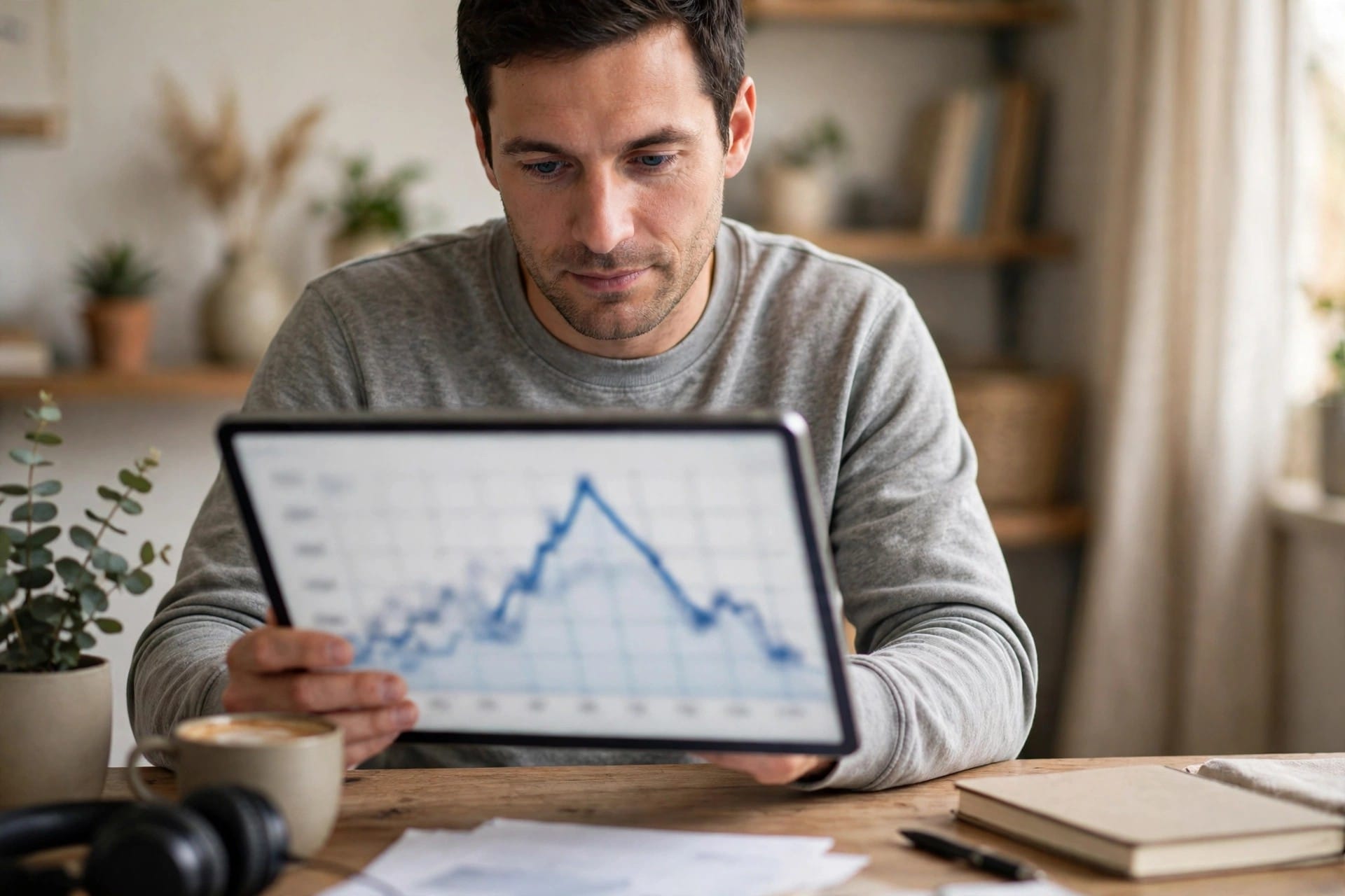 A rising and falling traffic chart on a tablet.