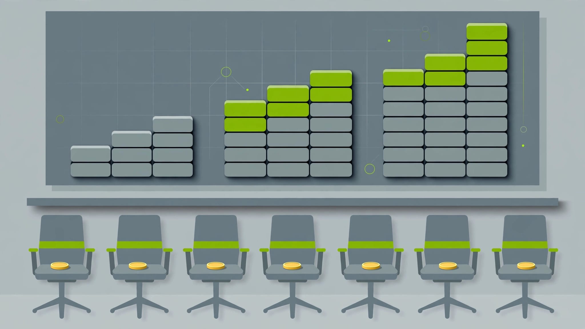 Illustration of rising dashboard charts above a row of office chairs holding coins, representing Microsoft's per-seat AI revenue