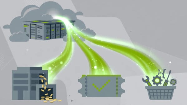 Illustration of a river of light flowing from a cloud data centre into subscription, enterprise and developer revenue streams for Microsoft