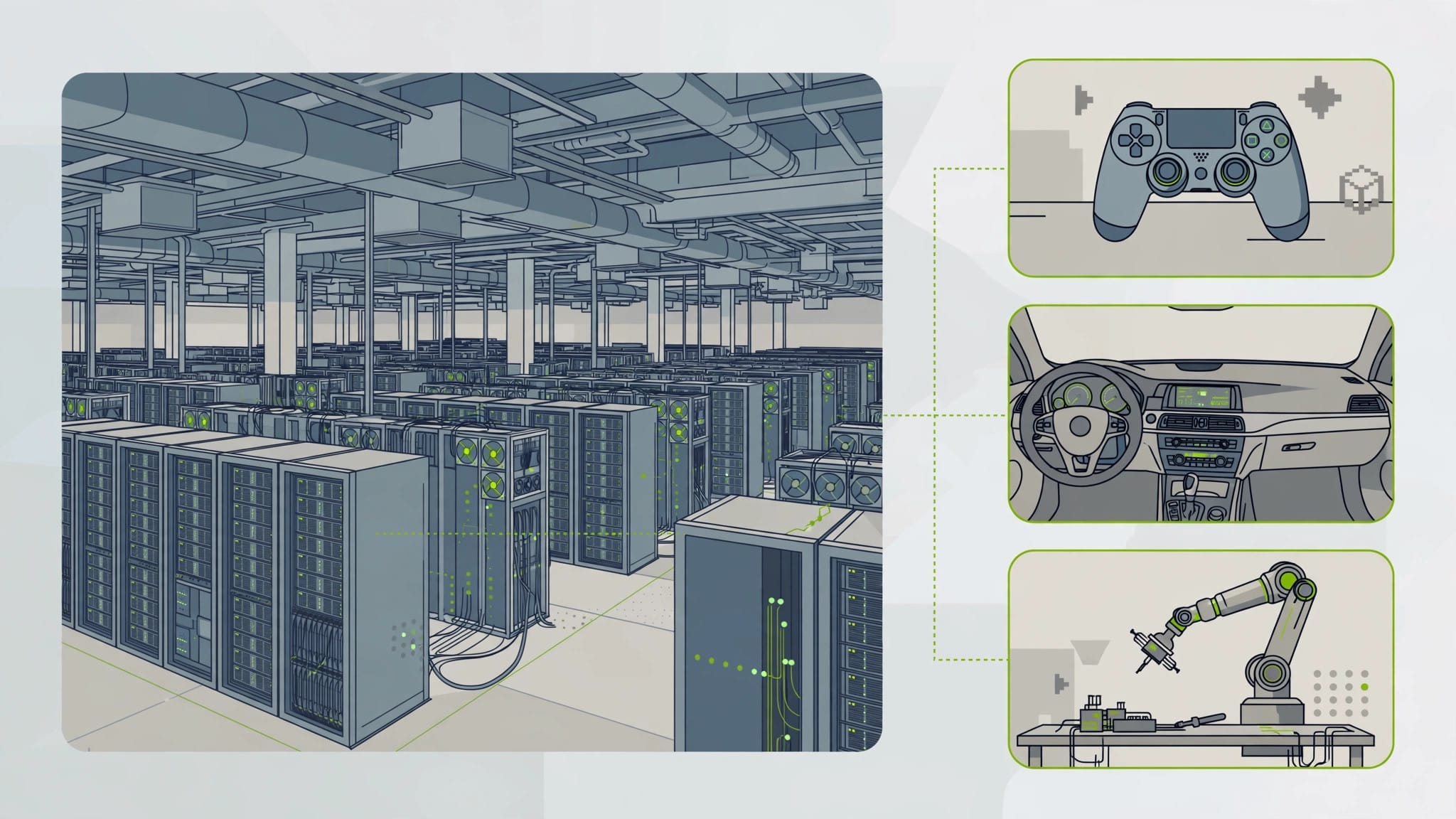 Illustration of NVIDIA's revenue streams across data centres, gaming and automotive