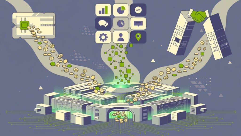 Illustration of OpenAI's revenue streams — subscriptions, API usage and enterprise licensing — flowing toward a data centre