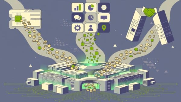 Illustration of OpenAI's revenue streams — subscriptions, API usage and enterprise licensing — flowing toward a data centre