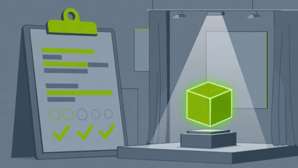 Reading an AI model launch illustrated as a glowing model cube on a launch stage beside an abstract checklist