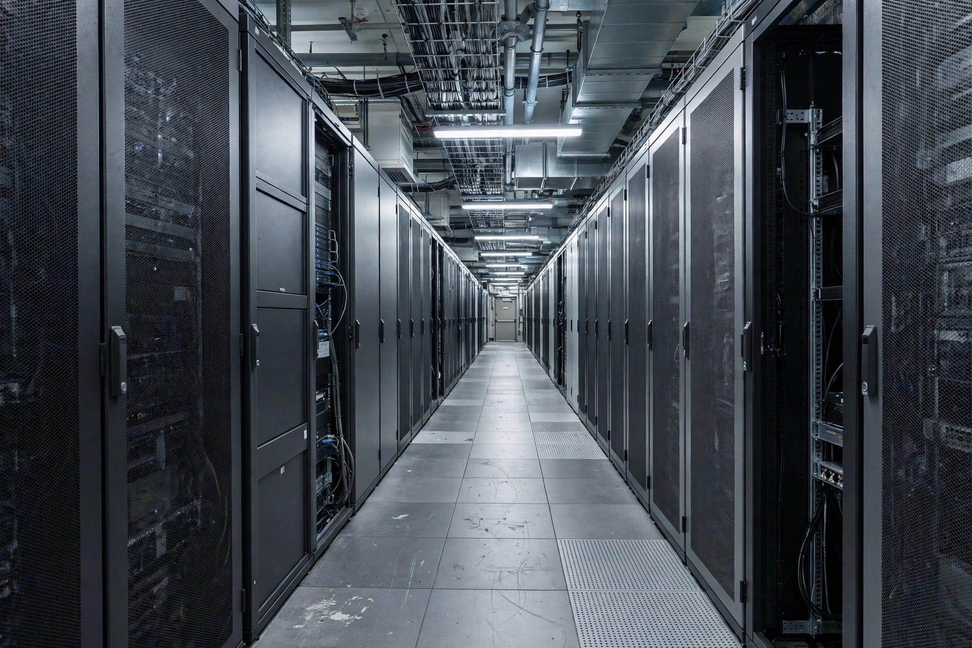 A long corridor between rows of server cabinets in a data centre