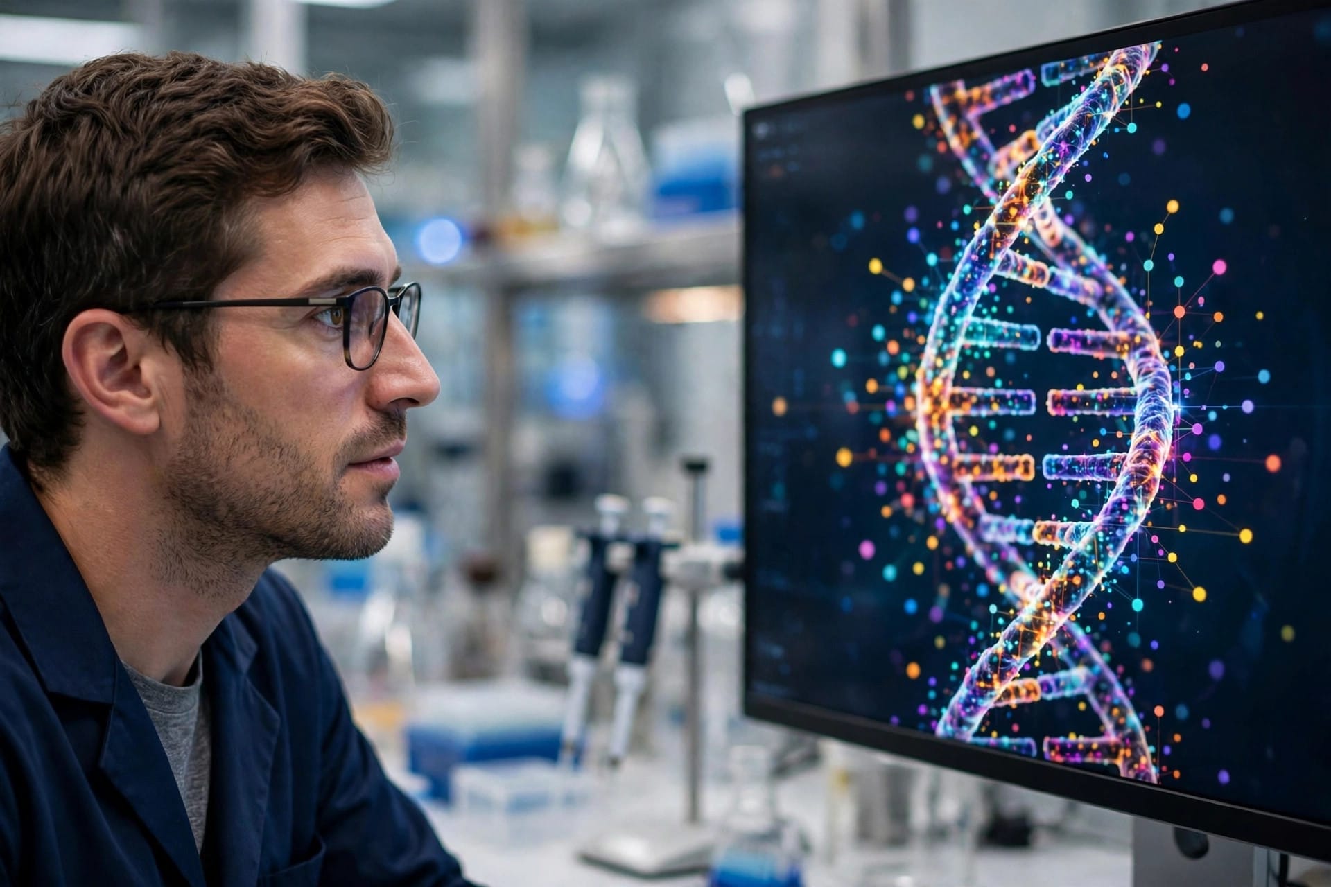 Researcher viewing a DNA sequence visualization, illustrating Carbon-X plain-English answers about genetic data