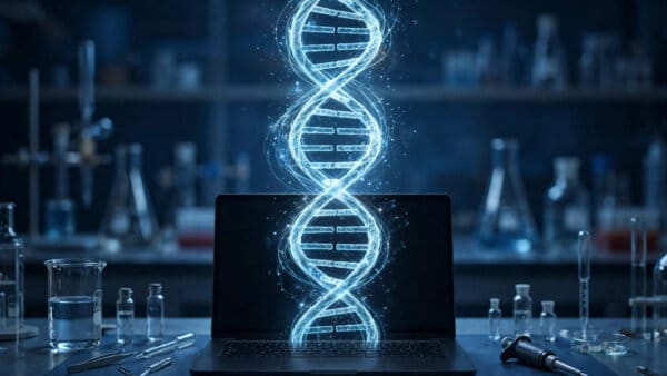 Glowing DNA double helix over a laptop, representing Hugging Face Carbon-X chat model for DNA