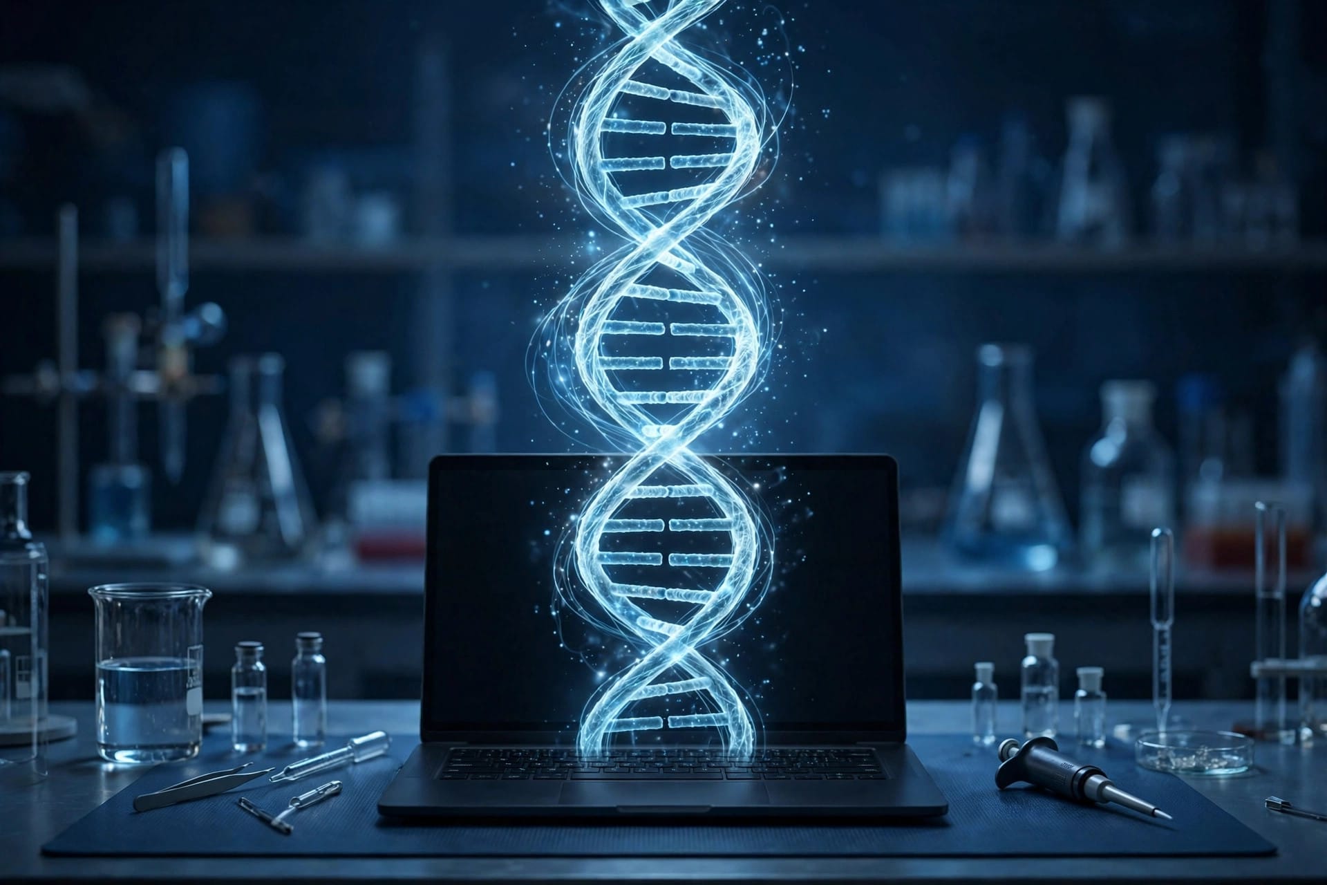 Glowing DNA double helix over a laptop, representing Hugging Face Carbon-X chat model for DNA