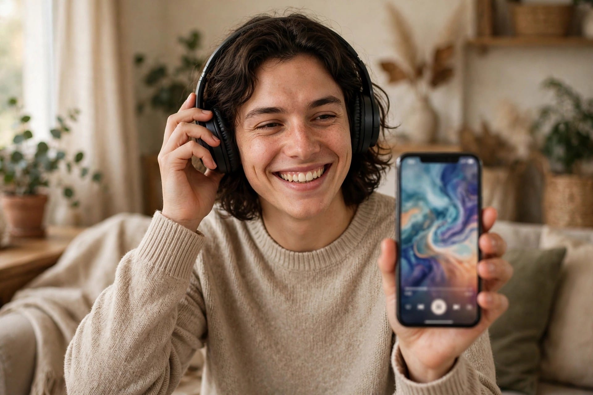 Smiling person wearing headphones and holding a phone showing the identified song