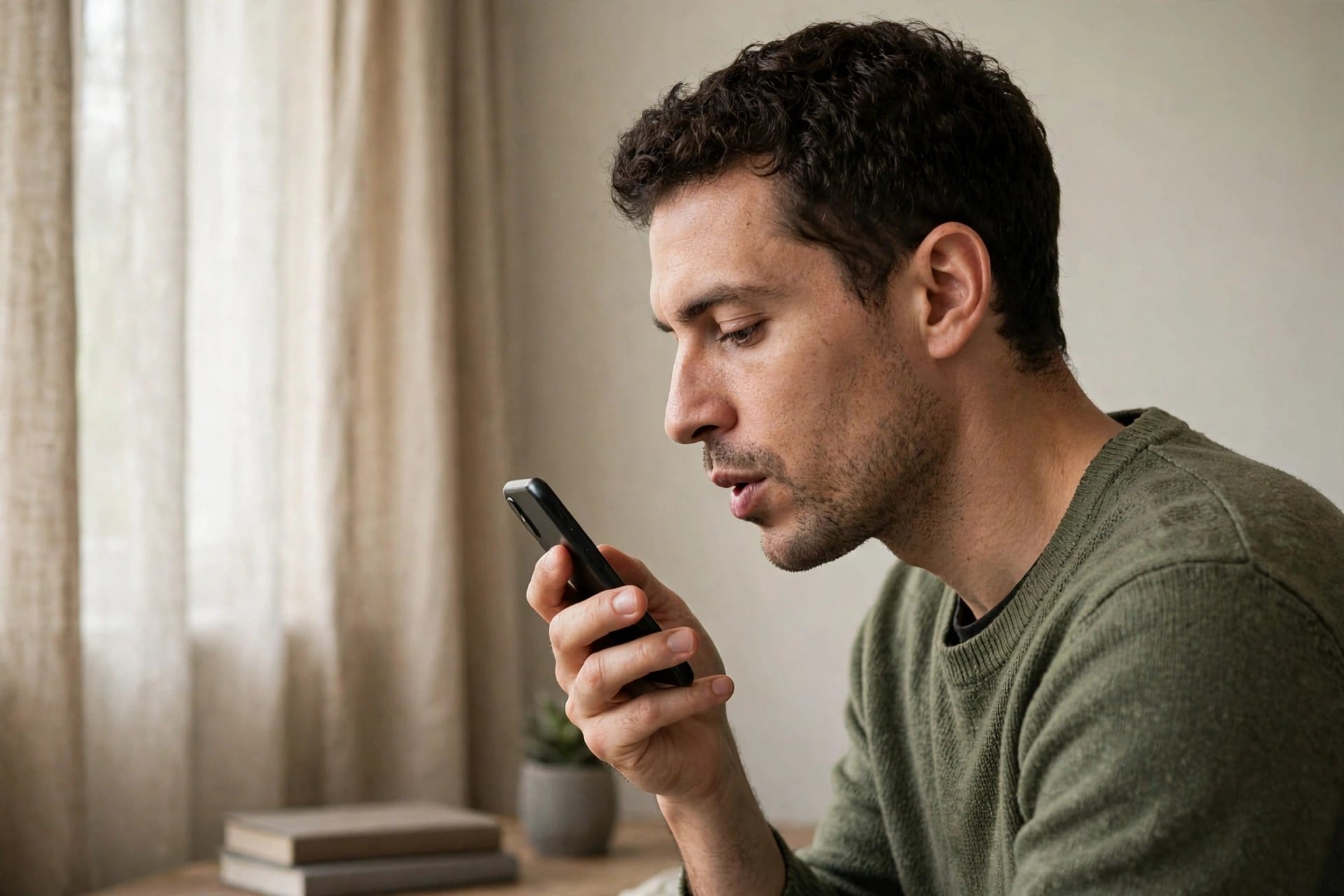 Man humming clearly into his phone in a quiet room for a better song match
