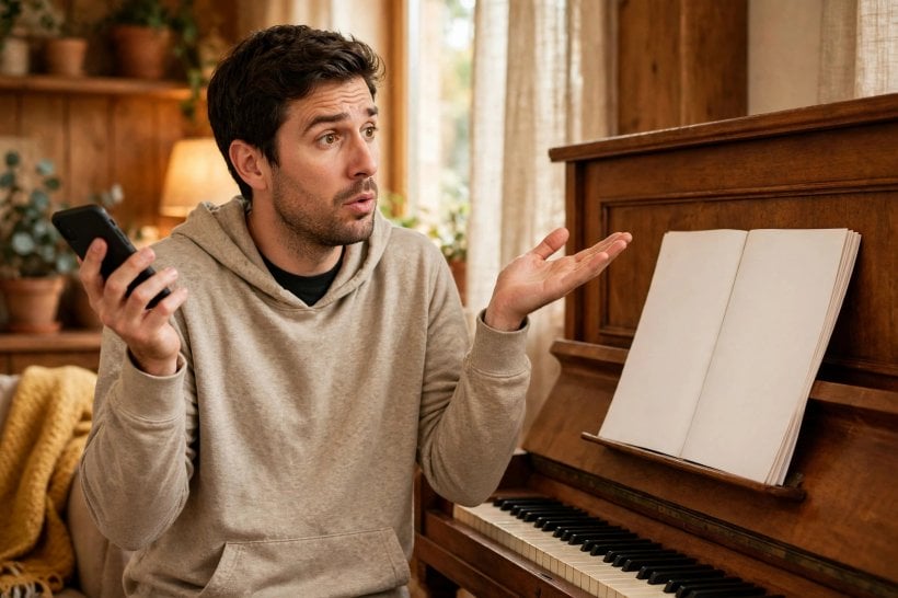 Man shrugging beside a piano with blank sheet music for a tune Hum to Search cannot identify