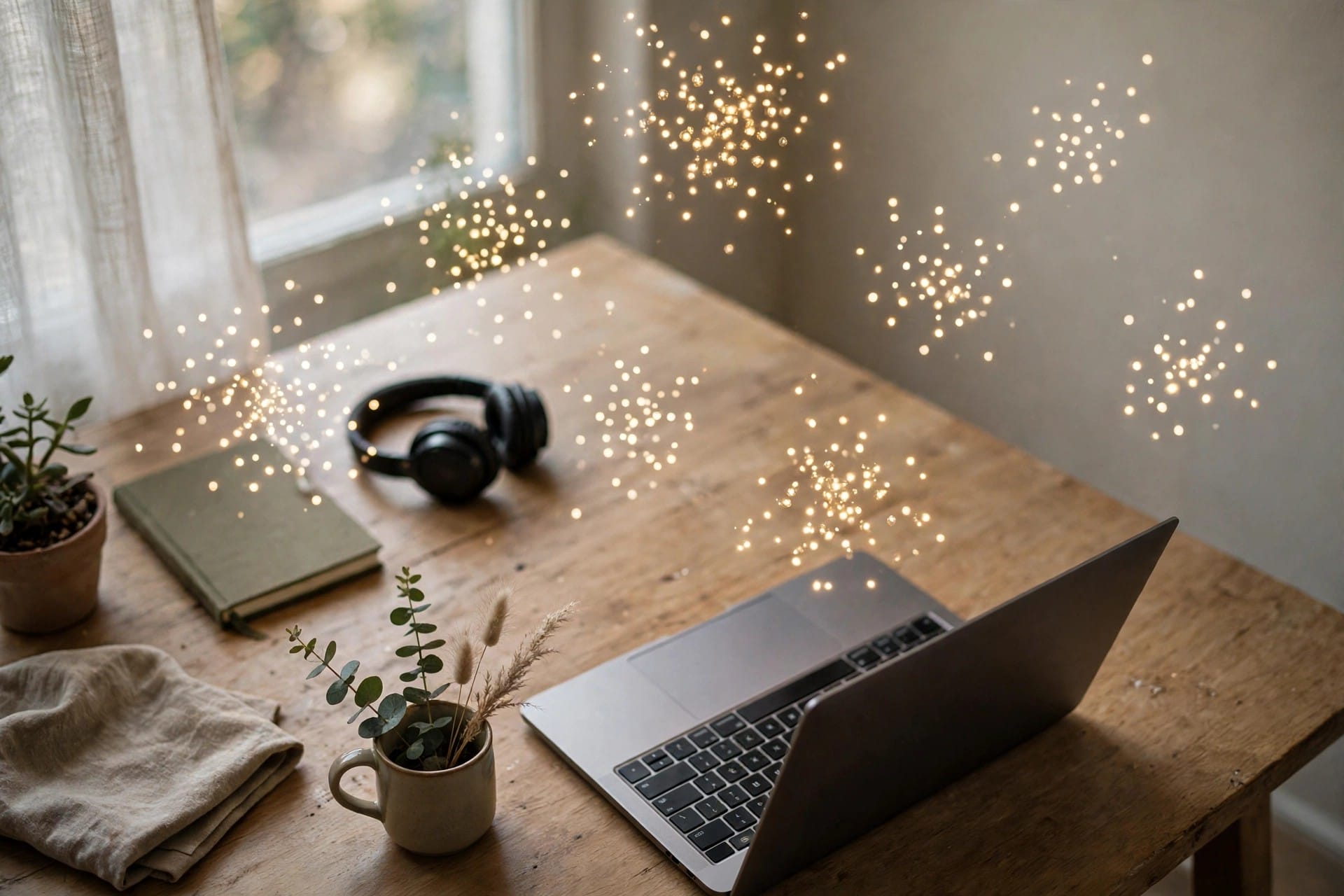 Clusters of glowing points above a desk, showing how similar melodies group together