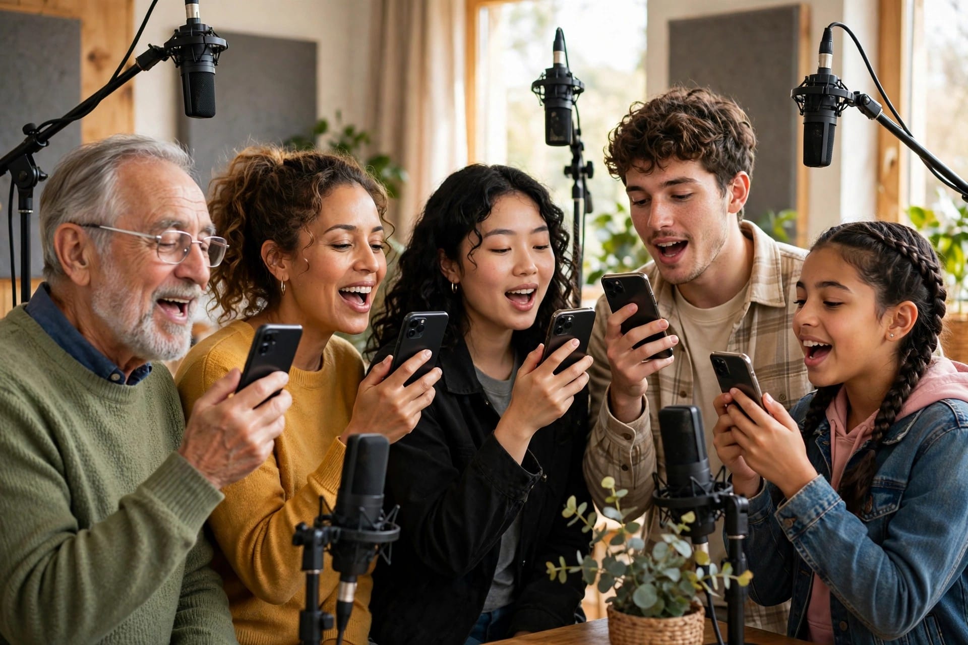 People of different ages singing into their phones in a recording studio
