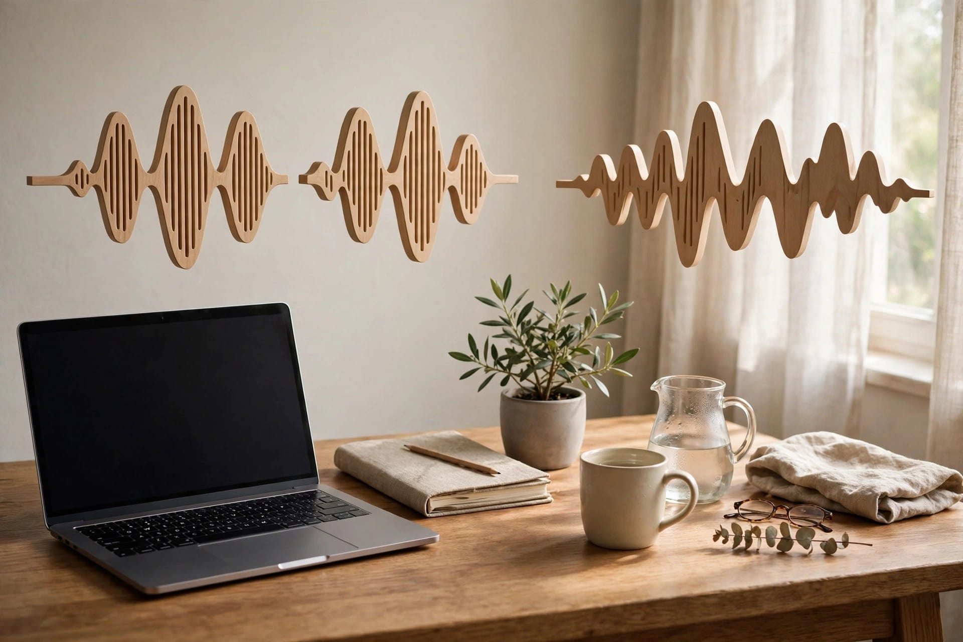 Three wooden sound wave shapes above a desk, two similar and one different, showing how triplet loss compares melodies