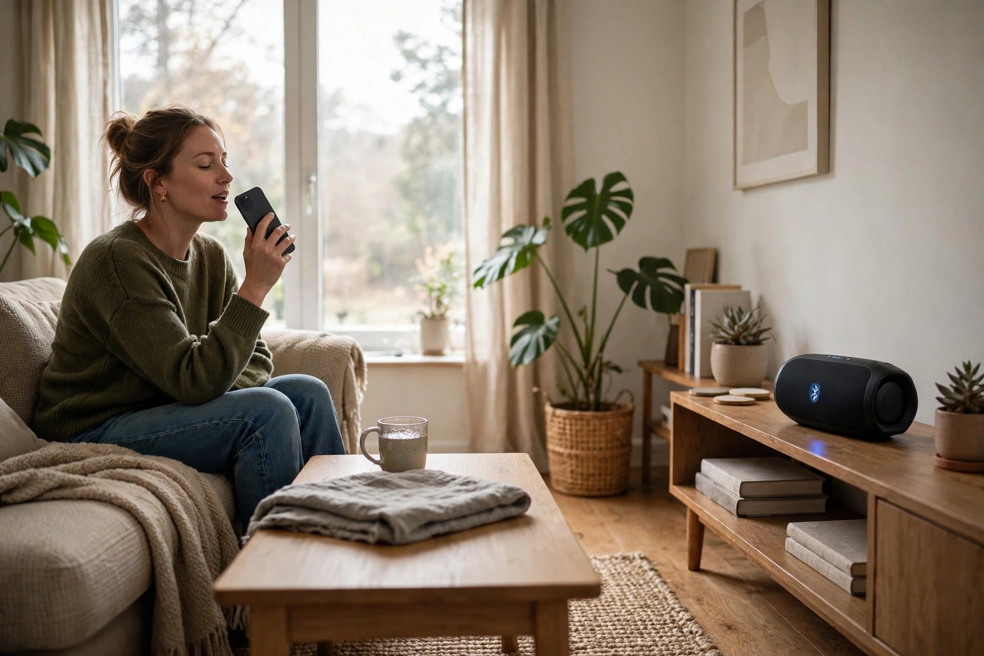 Woman humming into her phone while a speaker plays music across the room
