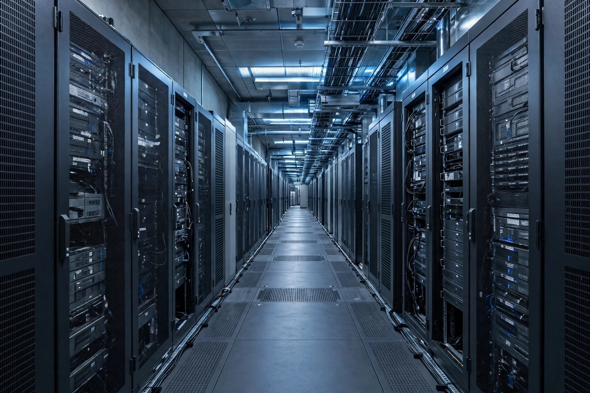 A modern data centre corridor with rows of server cabinets