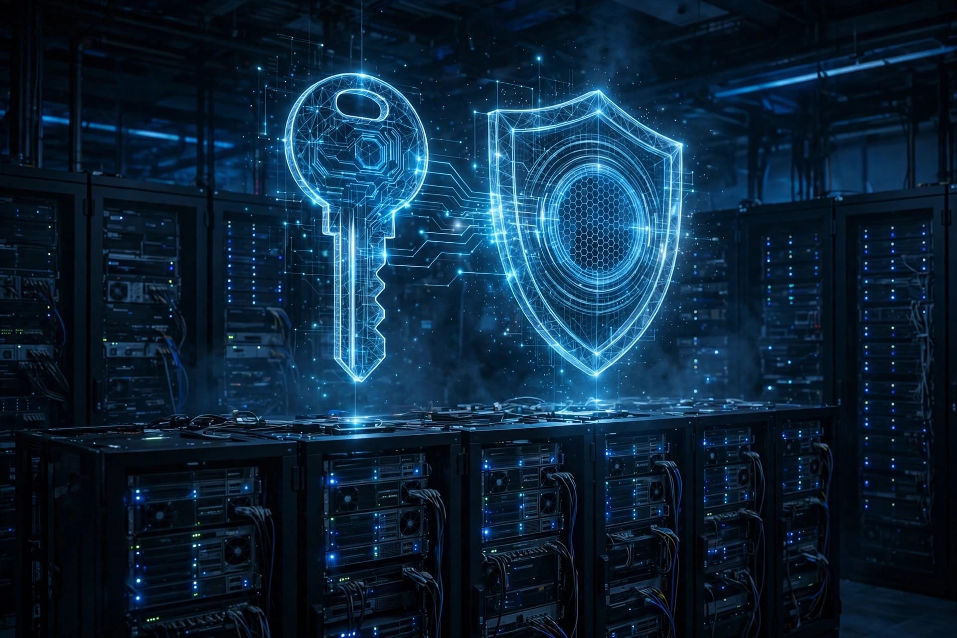 Glowing digital key and shield holograms above server racks representing verified identities for AI agents