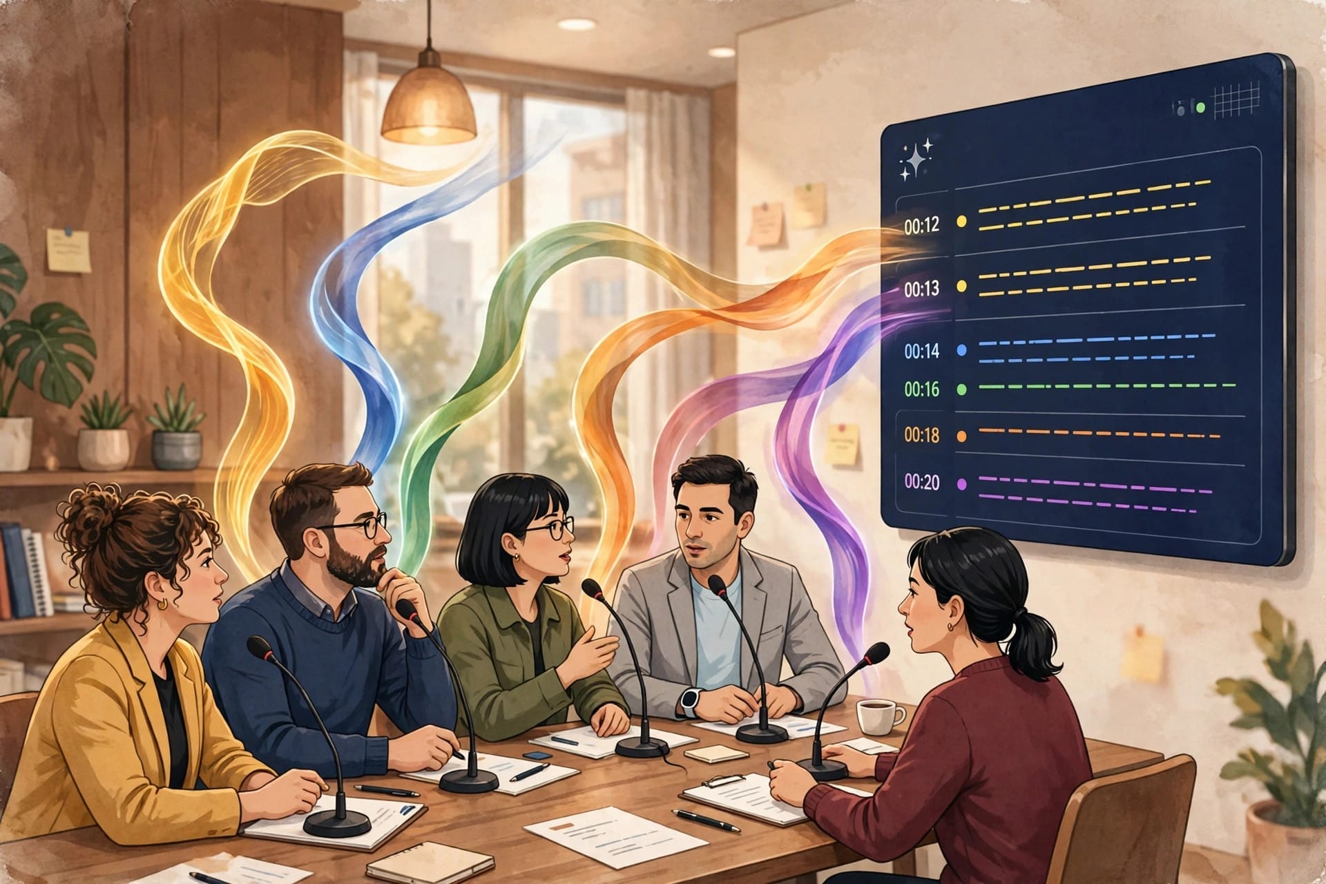 A meeting transcribed by Granite Speech 5.0 with each speaker's voice separated into colour-coded transcript rows