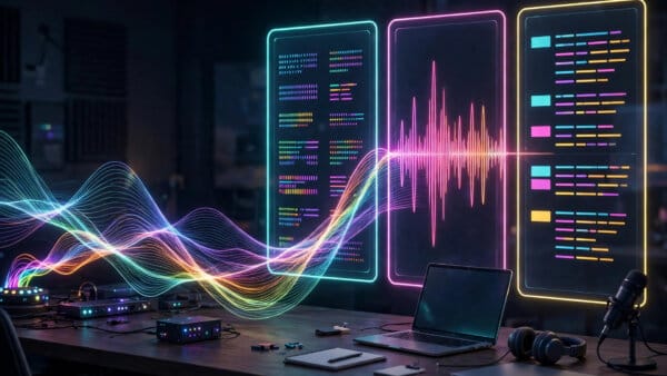 IBM Granite Speech 5.0 waveforms splitting into multilingual transcript panels for the new open speech models