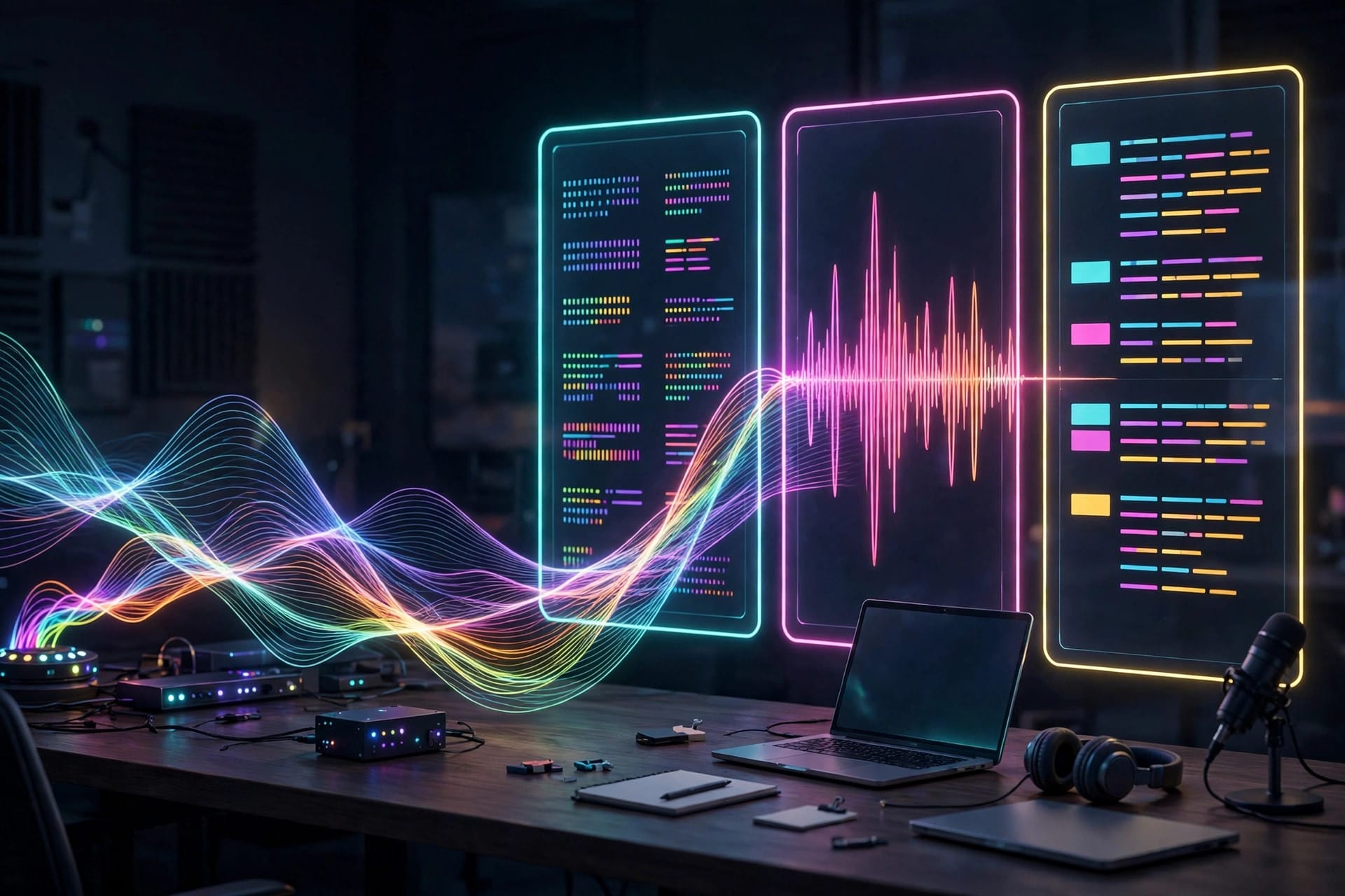 IBM Granite Speech 5.0 waveforms splitting into multilingual transcript panels for the new open speech models