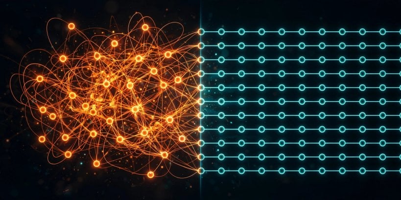 A chain of qubits passing from scrambled, chaotic states to an ordered state as mid-circuit measurements and resets pass the fifty-percent threshold in the Rutgers and IBM experiment