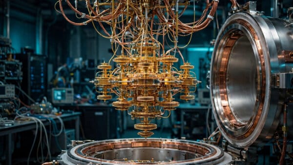 Golden chandelier wiring of a superconducting quantum processor inside its cryostat, the class of IBM Quantum Heron hardware Rutgers and IBM used for their 100-qubit feedback experiment