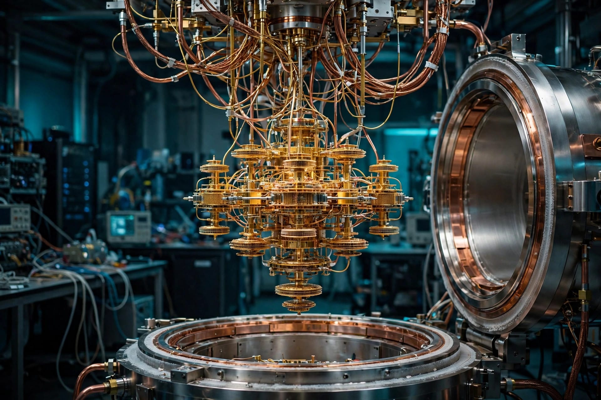 Golden chandelier wiring of a superconducting quantum processor inside its cryostat, the class of IBM Quantum Heron hardware Rutgers and IBM used for their 100-qubit feedback experiment