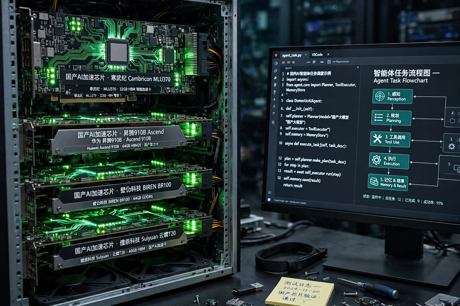 Close-up of domestic Chinese AI accelerator chips in a server rack beside a monitor showing agent-task code