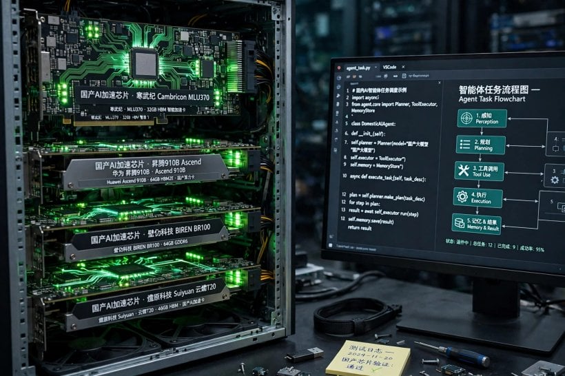 Close-up of domestic Chinese AI accelerator chips in a server rack beside a monitor showing agent-task code