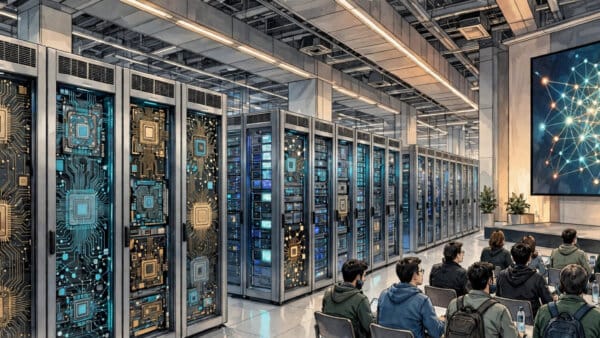 iFlytek developers conference hall with server racks of domestic Chinese AI chips and a neural network display for the Spark X2.6 launch