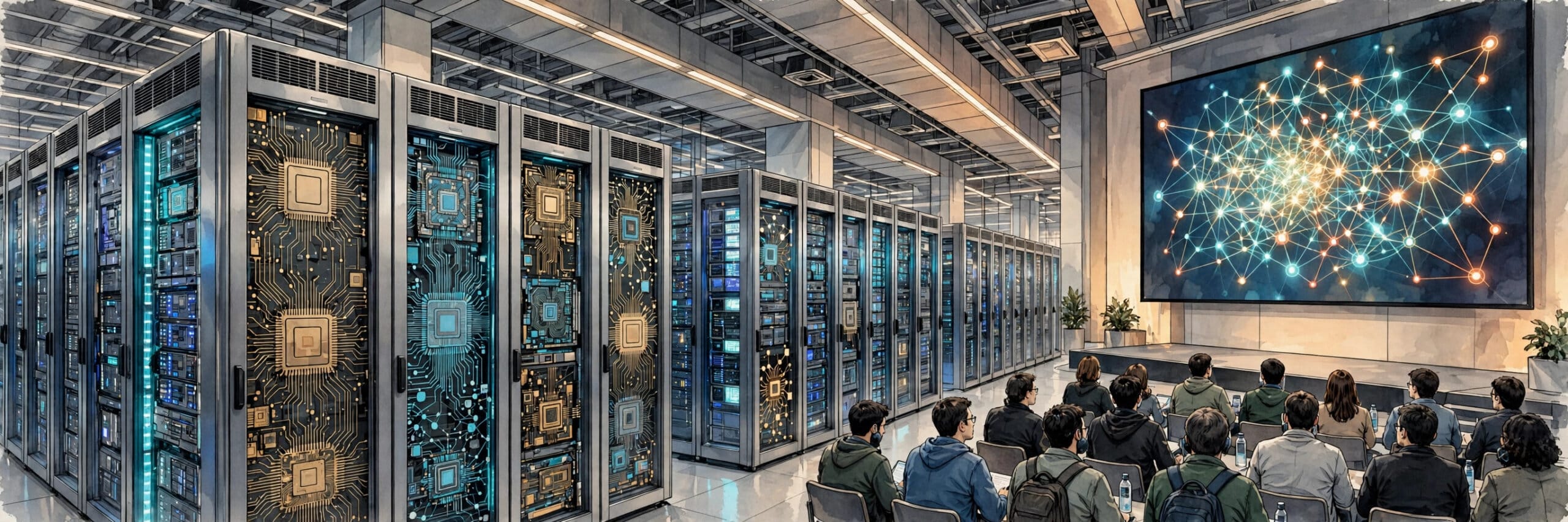 iFlytek developers conference hall with server racks of domestic Chinese AI chips and a neural network display for the Spark X2.6 launch