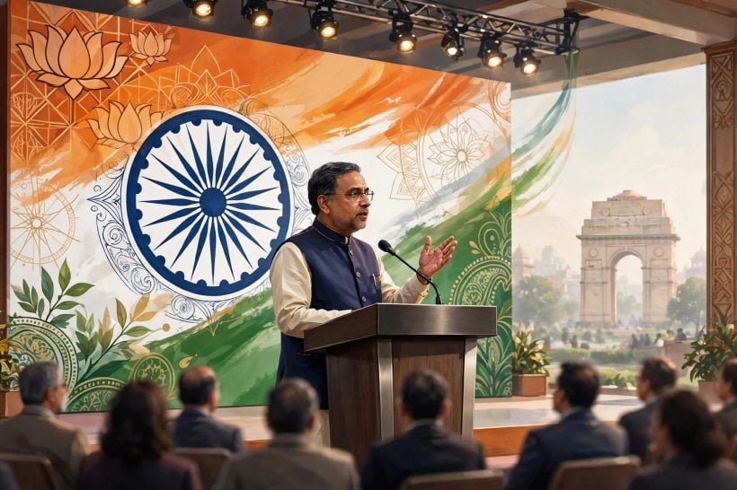 Minister Ashwini Vaishnaw speaking about AI regulation at a New Delhi event concept